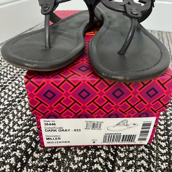 Tory Burch Dark Gray Leather Miller Sandals Size 8 - Picture 2 of 3